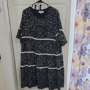 Black Printed Tiered Dress with White Trim